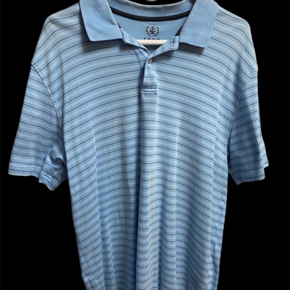 IZOD Men's XL Powder Blue Striped Short Sleeve Polo Shirt Golf Rugby High Low